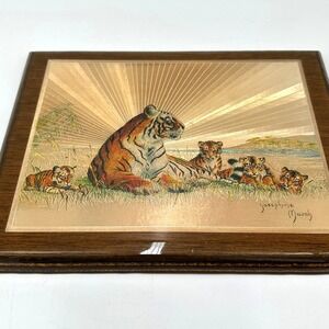 Vintage Josephine Marsh Dufex Foil Art Print Tiger and Cubs Framed Signed 10x12